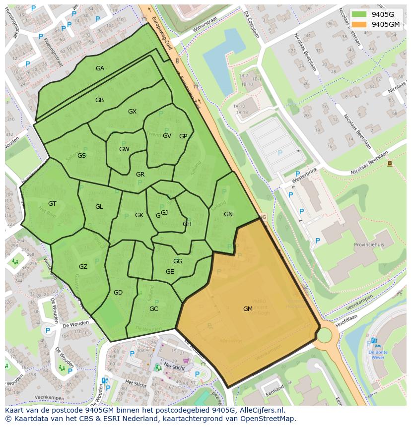 Afbeelding van het postcodegebied 9405 GM op de kaart.