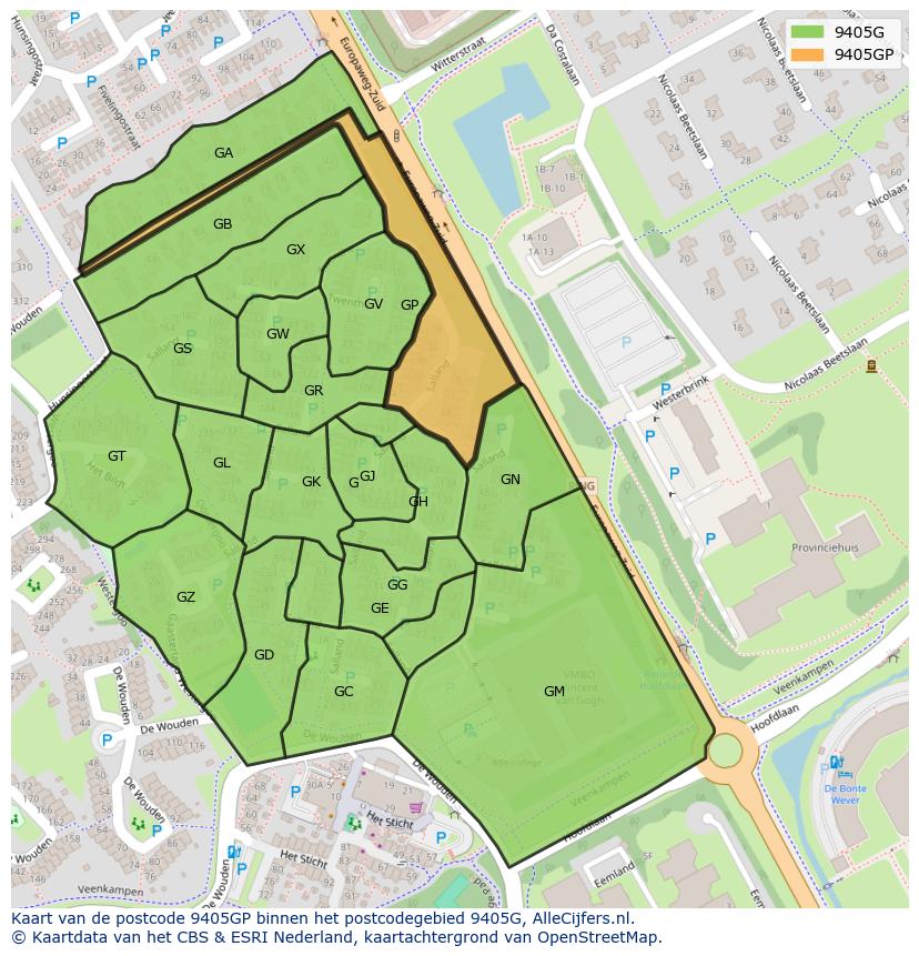 Afbeelding van het postcodegebied 9405 GP op de kaart.