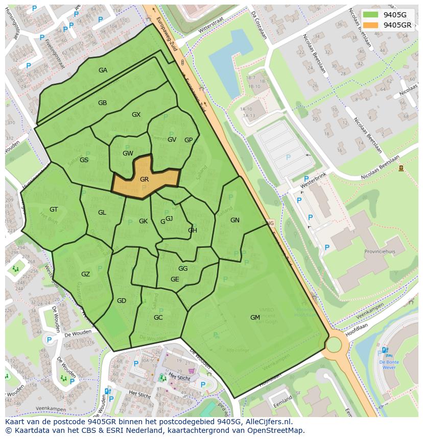 Afbeelding van het postcodegebied 9405 GR op de kaart.