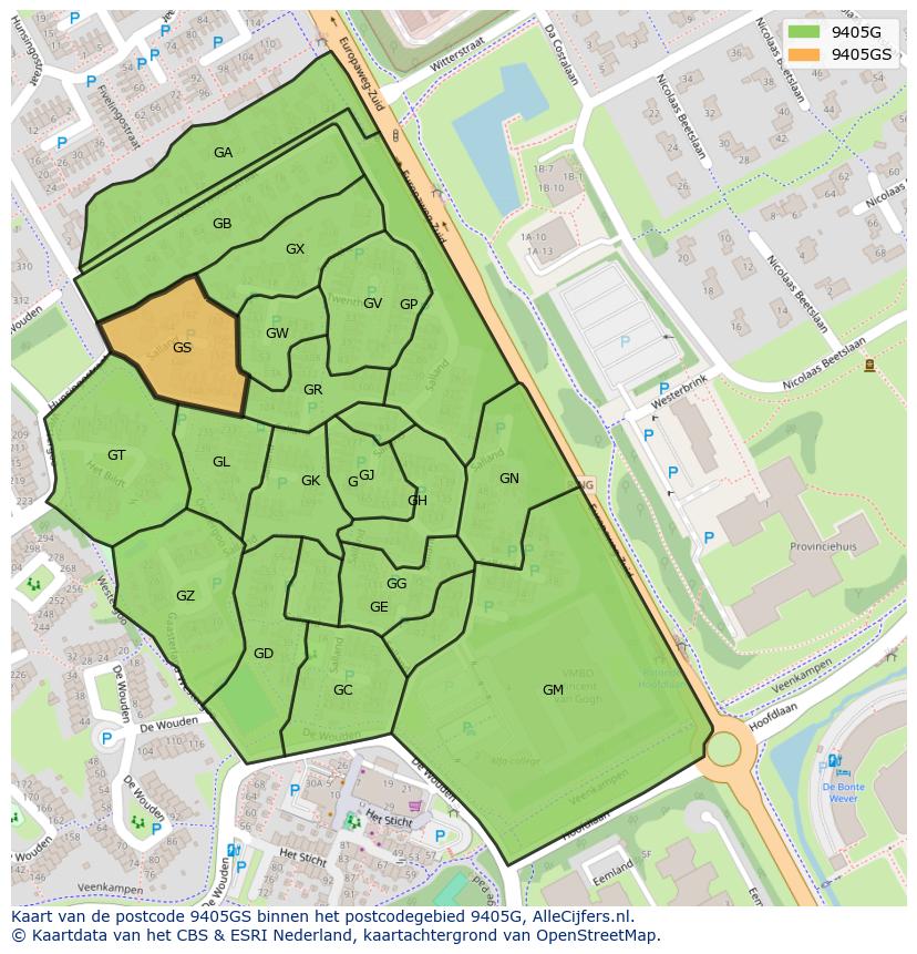 Afbeelding van het postcodegebied 9405 GS op de kaart.