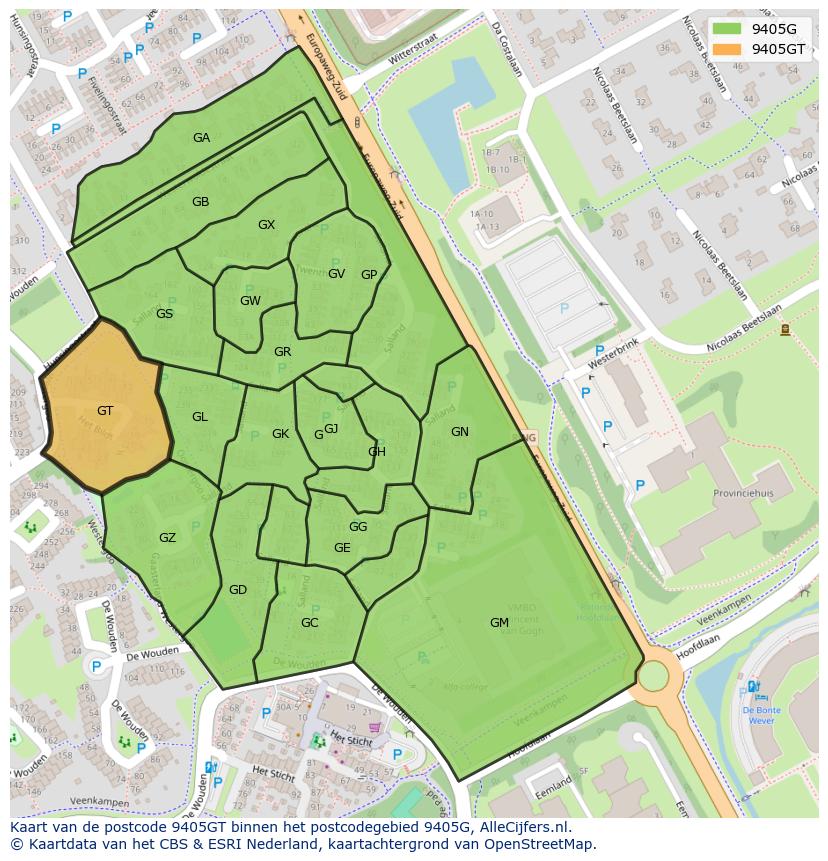Afbeelding van het postcodegebied 9405 GT op de kaart.