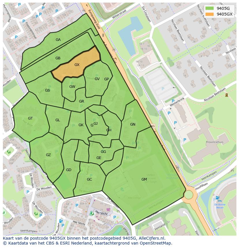 Afbeelding van het postcodegebied 9405 GX op de kaart.