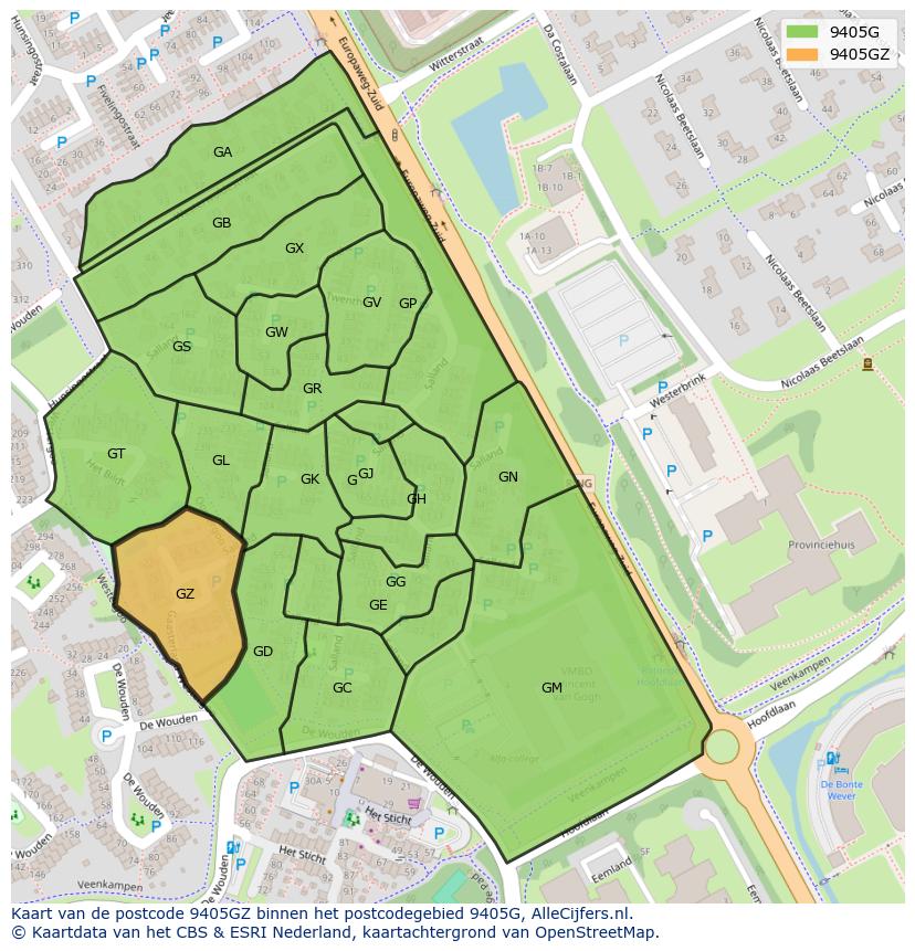 Afbeelding van het postcodegebied 9405 GZ op de kaart.