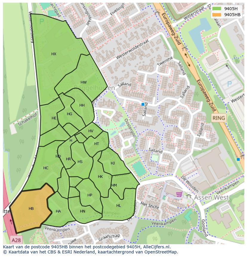 Afbeelding van het postcodegebied 9405 HB op de kaart.