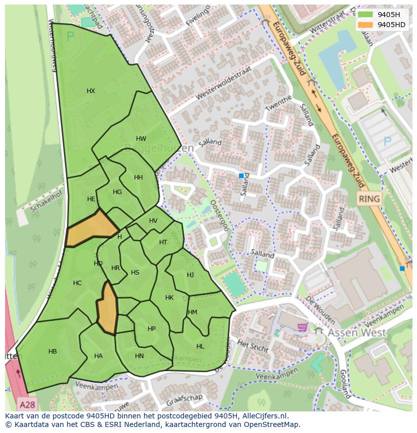 Afbeelding van het postcodegebied 9405 HD op de kaart.