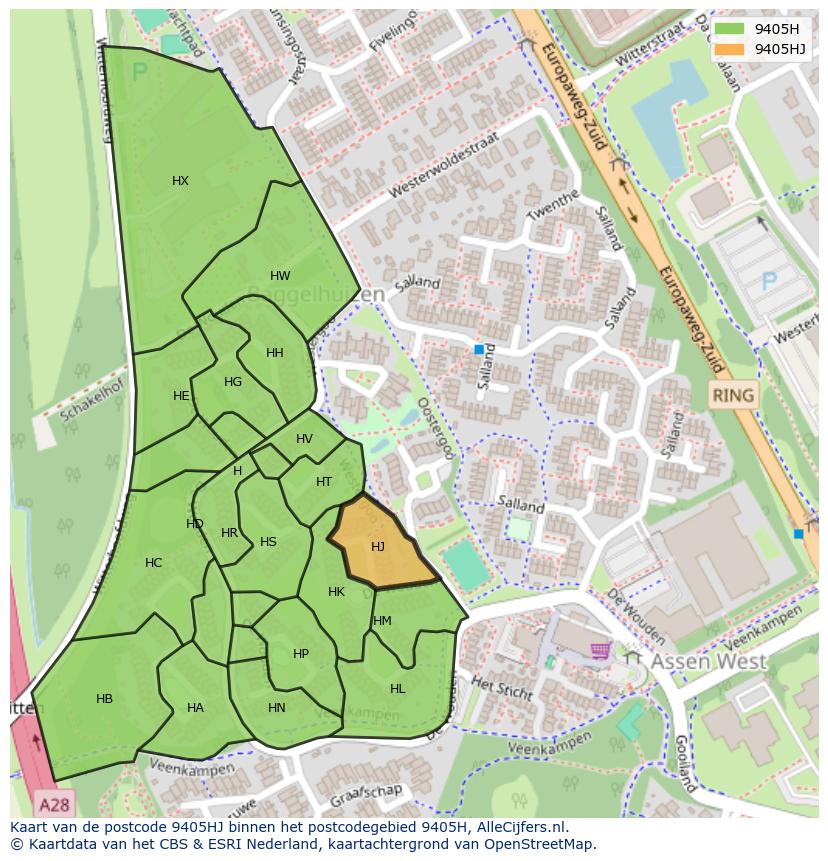 Afbeelding van het postcodegebied 9405 HJ op de kaart.