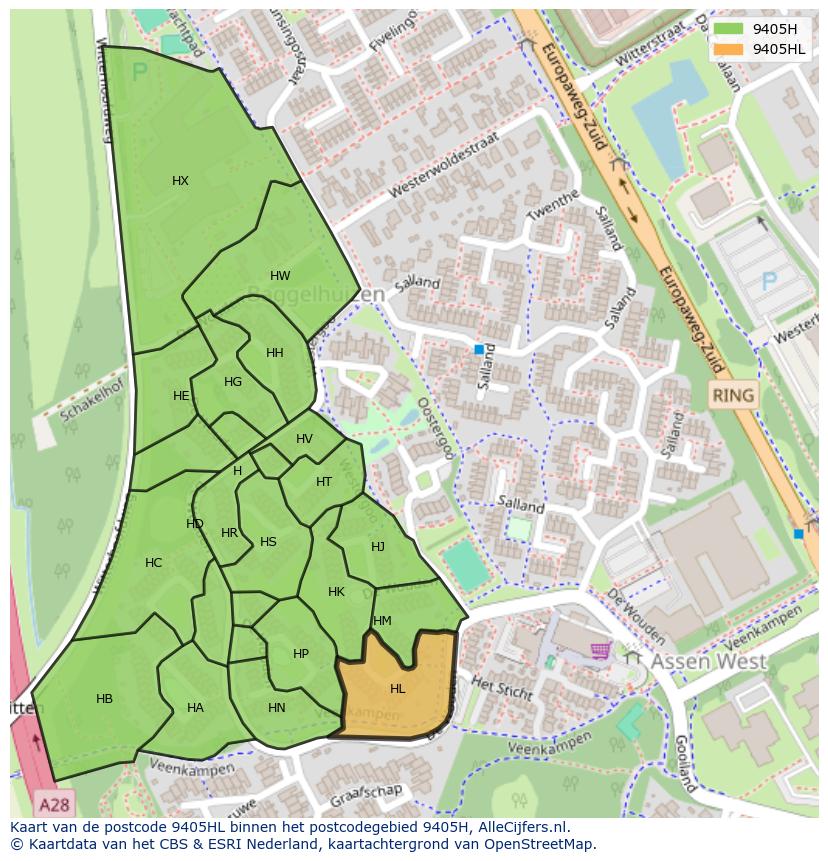Afbeelding van het postcodegebied 9405 HL op de kaart.