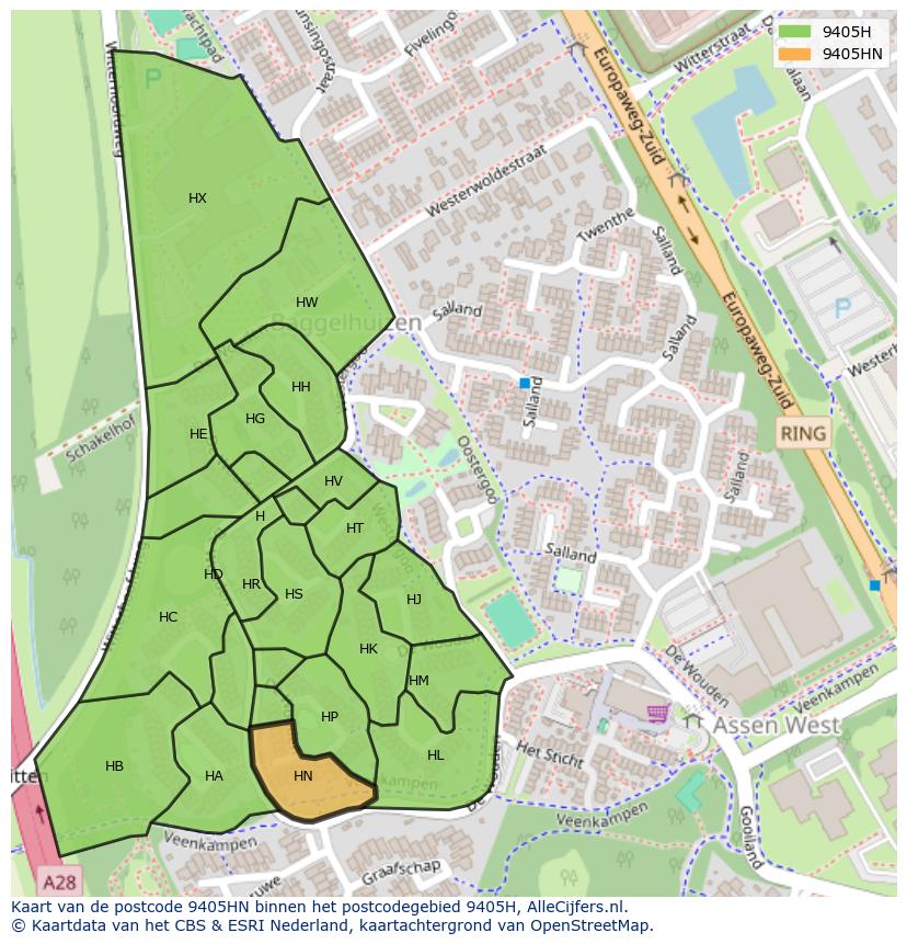 Afbeelding van het postcodegebied 9405 HN op de kaart.