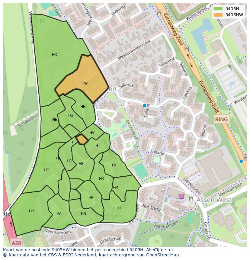 Afbeelding van het postcodegebied 9405 HW op de kaart.