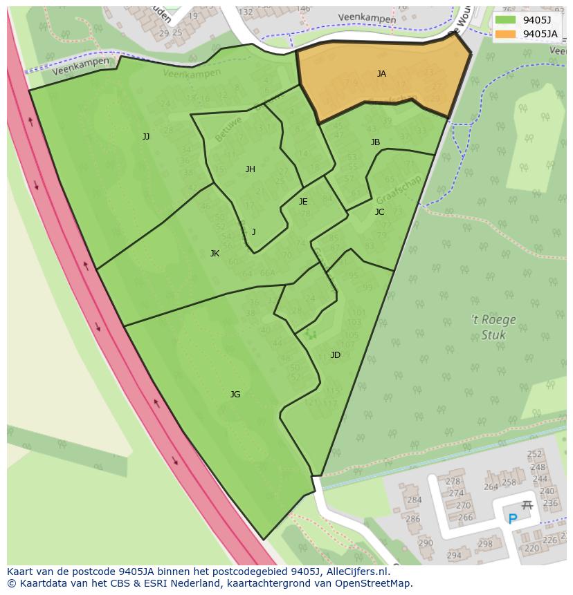 Afbeelding van het postcodegebied 9405 JA op de kaart.