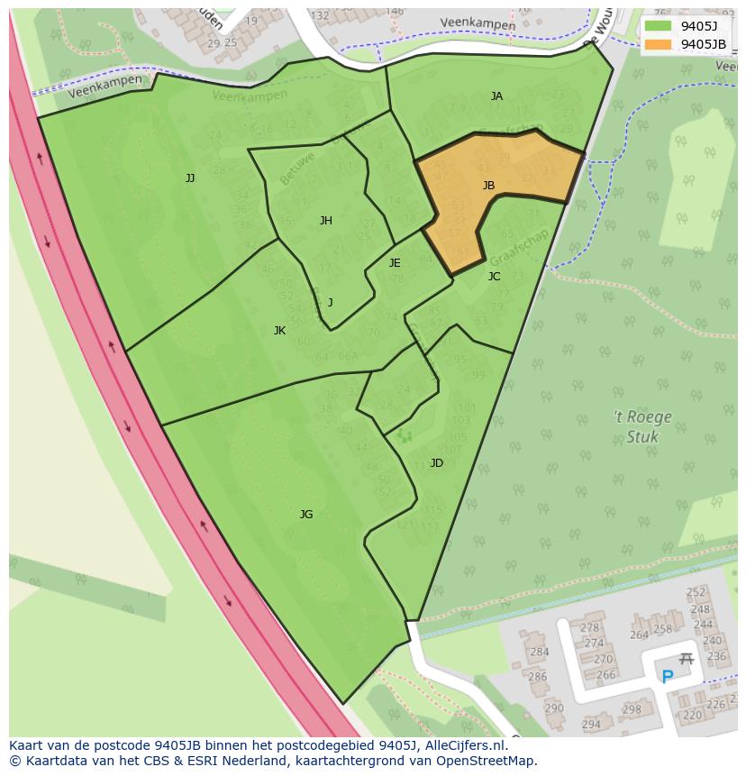Afbeelding van het postcodegebied 9405 JB op de kaart.