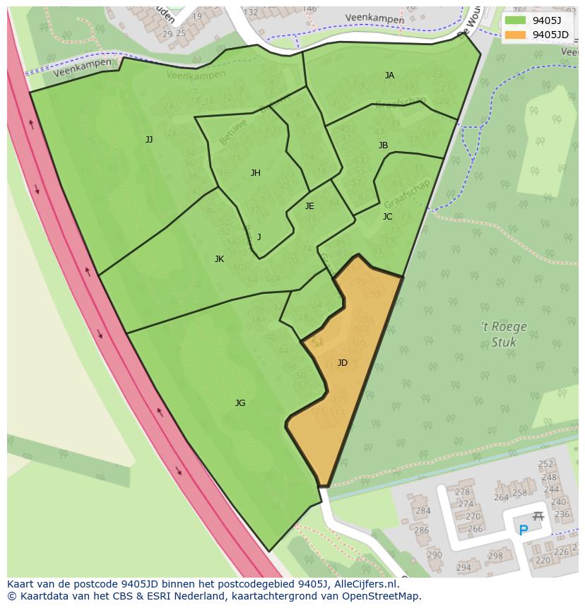Afbeelding van het postcodegebied 9405 JD op de kaart.