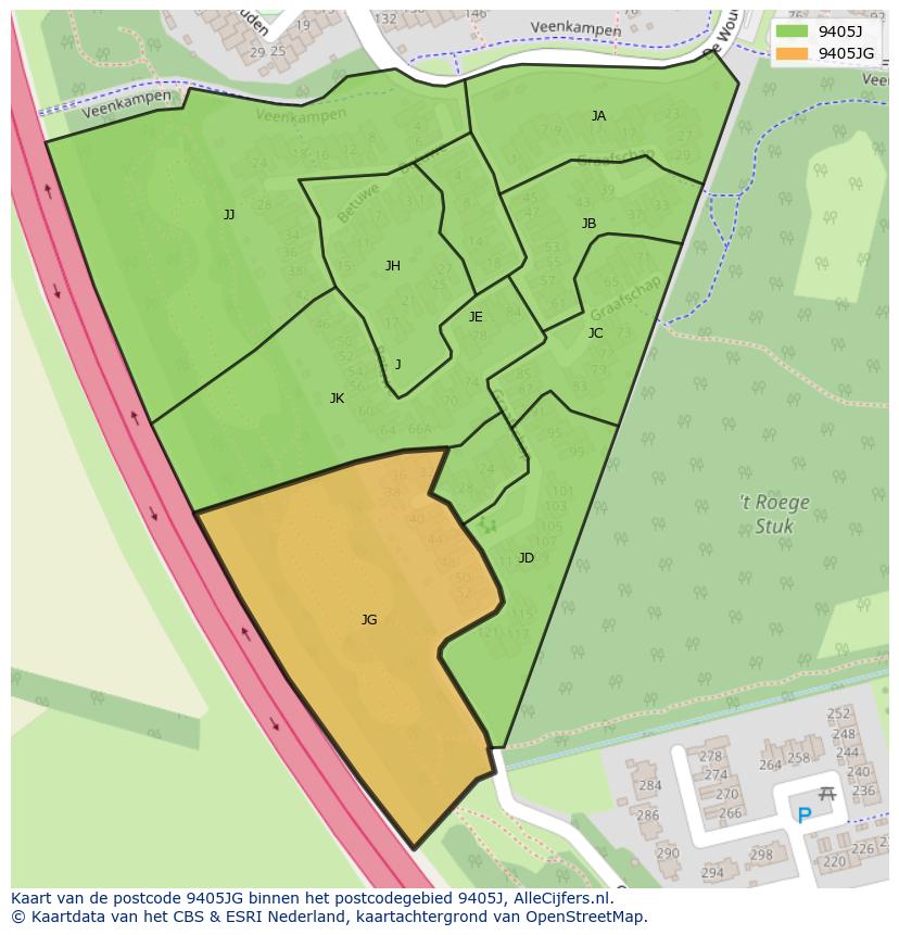 Afbeelding van het postcodegebied 9405 JG op de kaart.