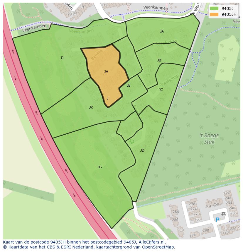 Afbeelding van het postcodegebied 9405 JH op de kaart.
