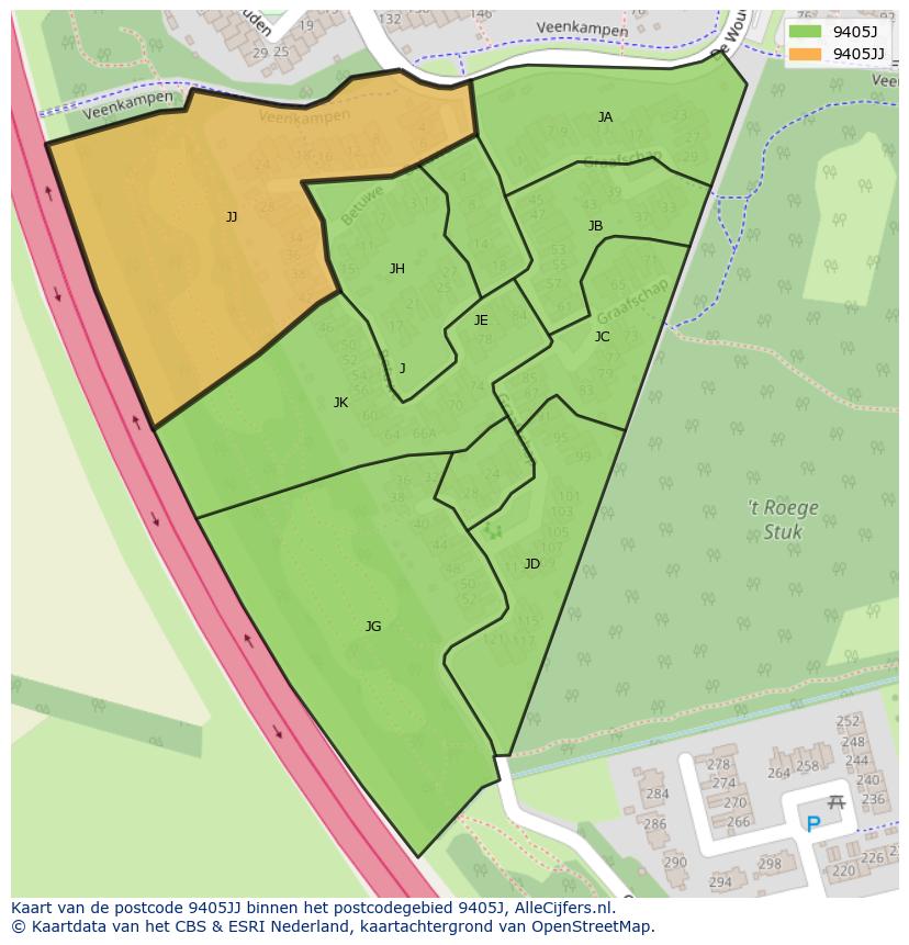 Afbeelding van het postcodegebied 9405 JJ op de kaart.