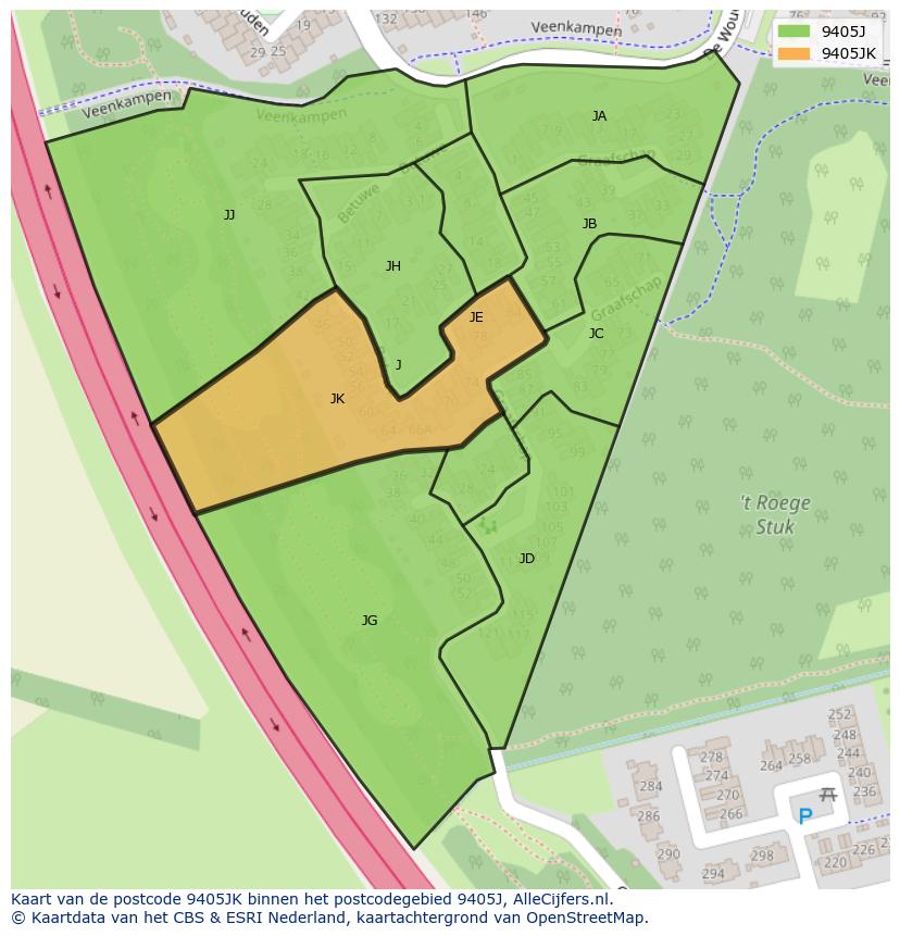 Afbeelding van het postcodegebied 9405 JK op de kaart.
