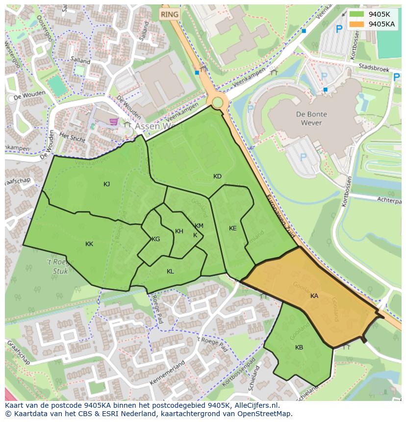 Afbeelding van het postcodegebied 9405 KA op de kaart.