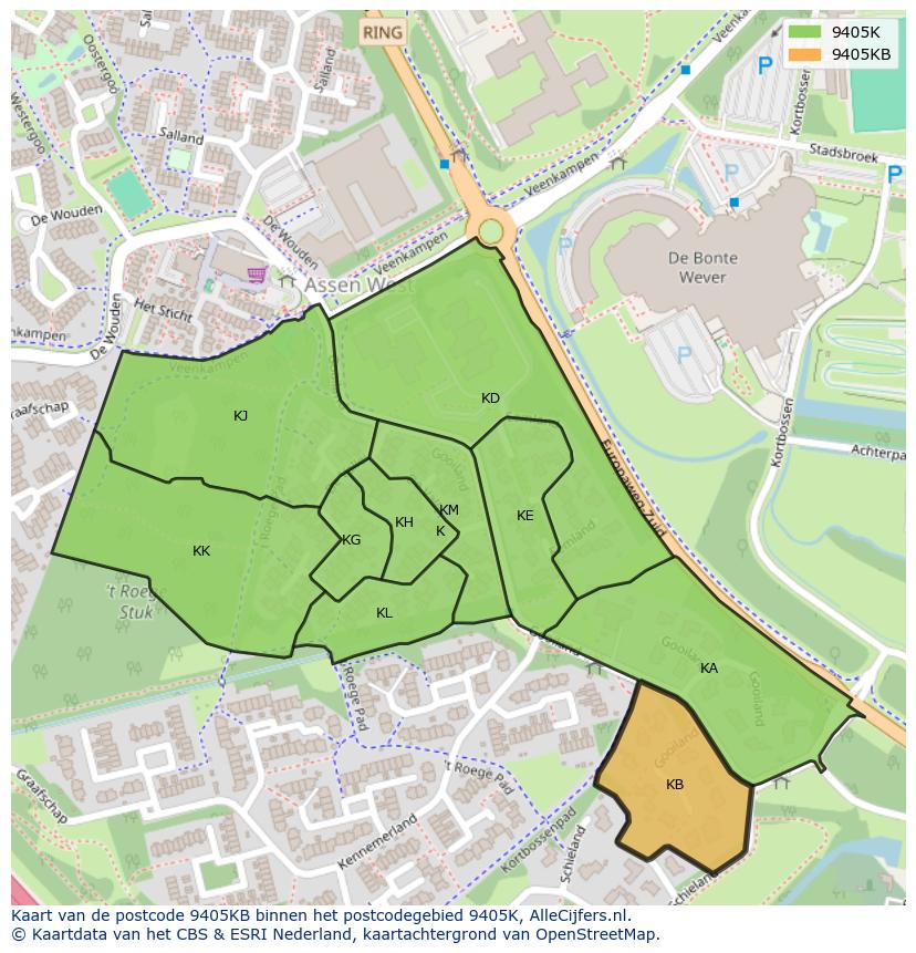 Afbeelding van het postcodegebied 9405 KB op de kaart.