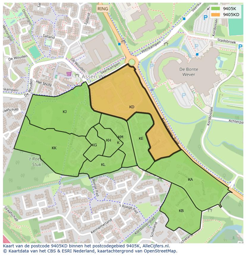 Afbeelding van het postcodegebied 9405 KD op de kaart.