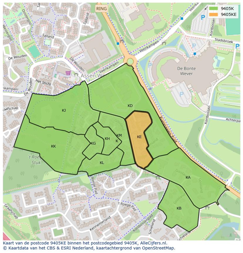 Afbeelding van het postcodegebied 9405 KE op de kaart.