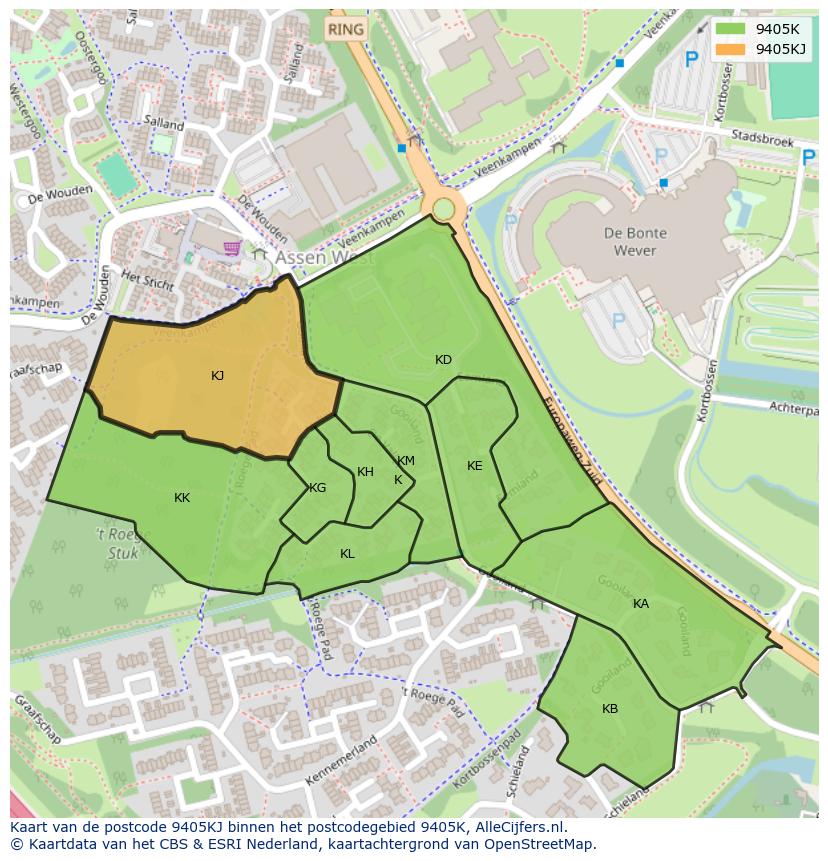 Afbeelding van het postcodegebied 9405 KJ op de kaart.