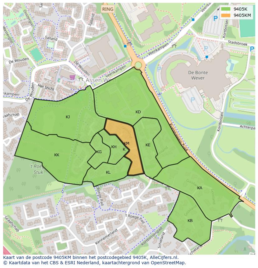 Afbeelding van het postcodegebied 9405 KM op de kaart.