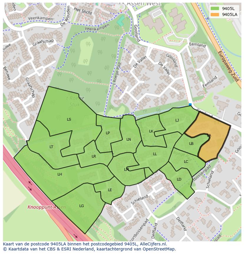 Afbeelding van het postcodegebied 9405 LA op de kaart.