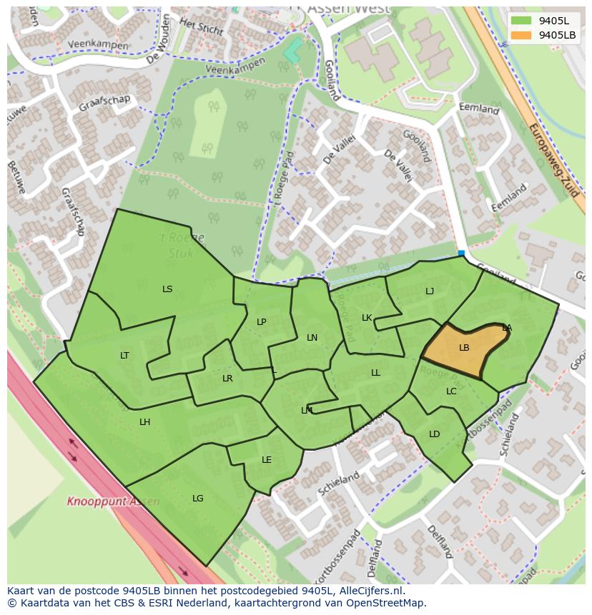 Afbeelding van het postcodegebied 9405 LB op de kaart.