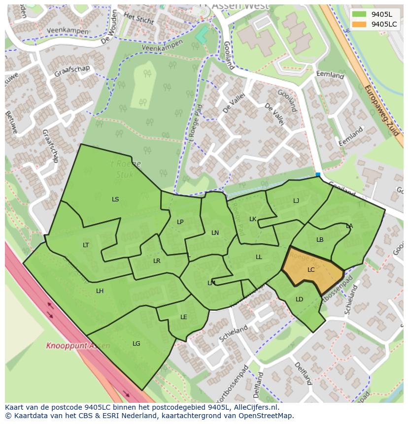 Afbeelding van het postcodegebied 9405 LC op de kaart.
