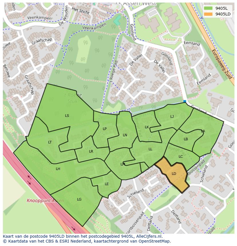 Afbeelding van het postcodegebied 9405 LD op de kaart.