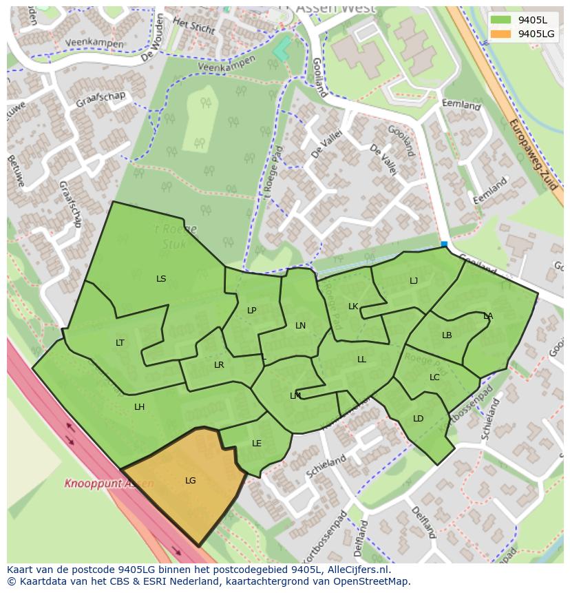 Afbeelding van het postcodegebied 9405 LG op de kaart.
