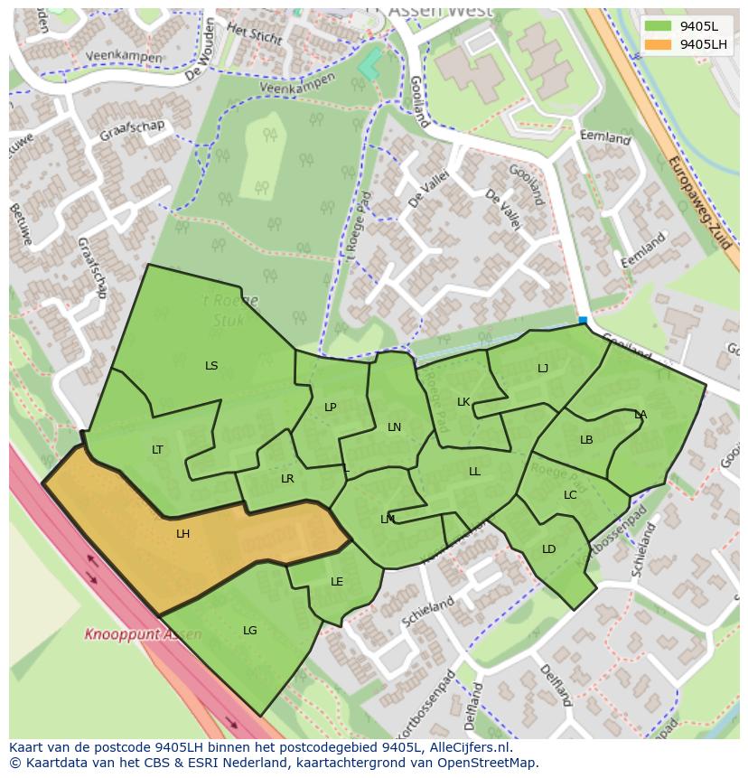 Afbeelding van het postcodegebied 9405 LH op de kaart.