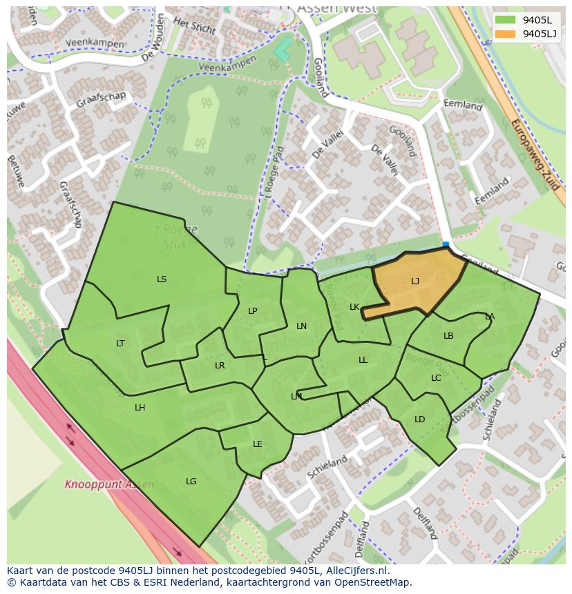 Afbeelding van het postcodegebied 9405 LJ op de kaart.