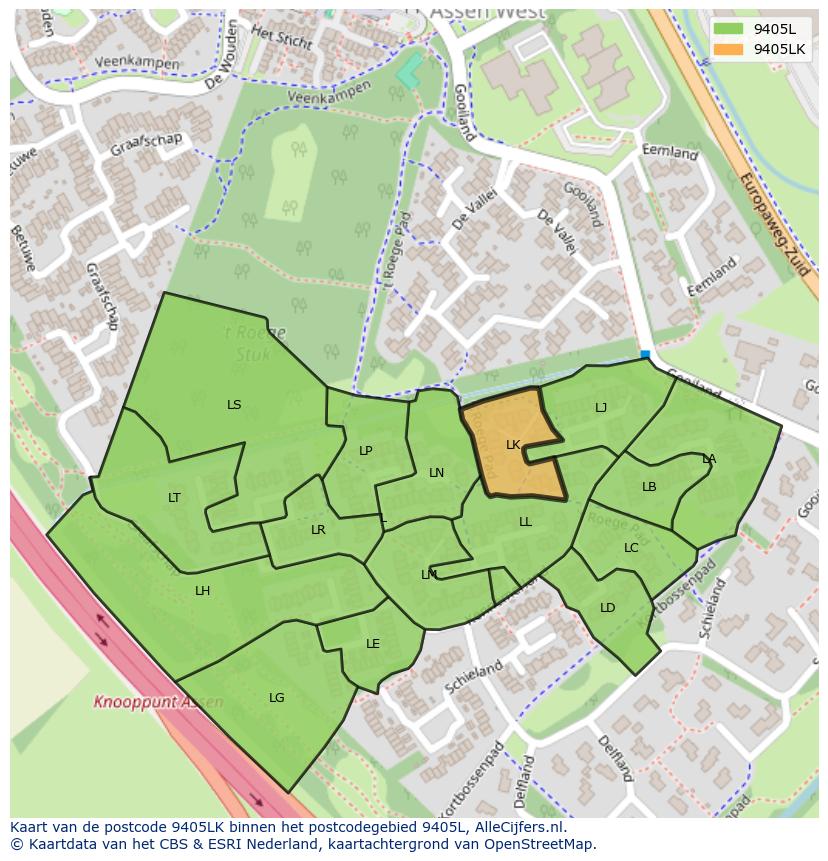Afbeelding van het postcodegebied 9405 LK op de kaart.
