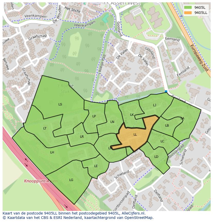 Afbeelding van het postcodegebied 9405 LL op de kaart.