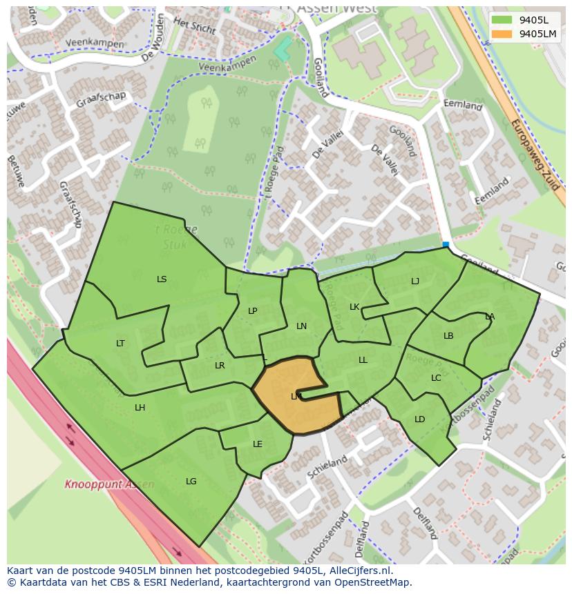 Afbeelding van het postcodegebied 9405 LM op de kaart.