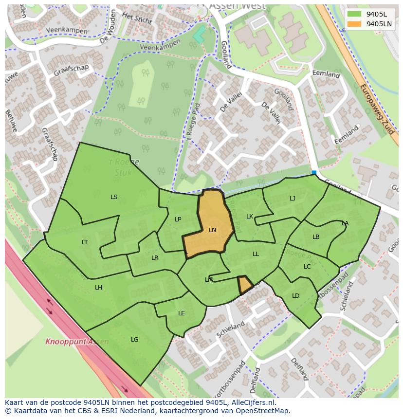 Afbeelding van het postcodegebied 9405 LN op de kaart.