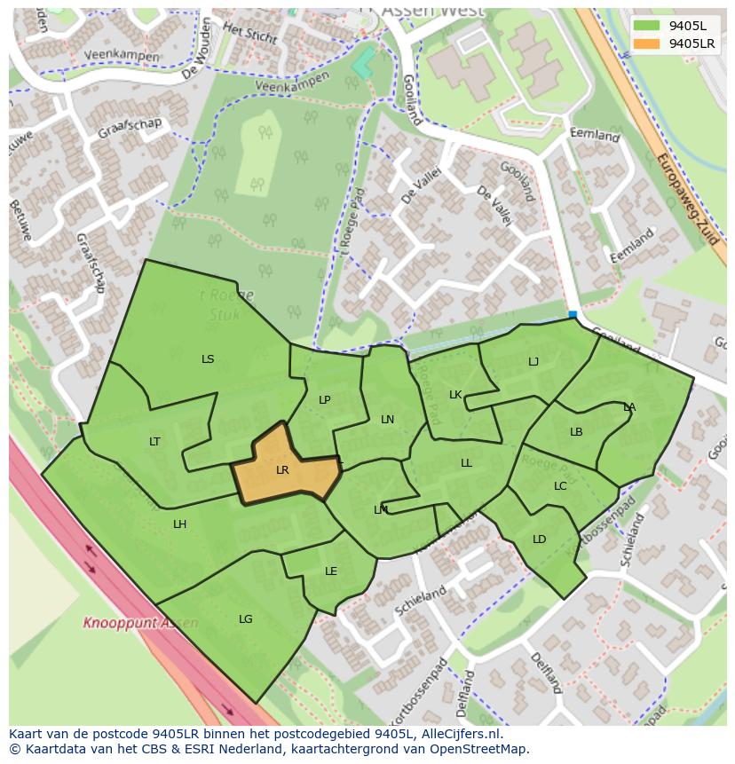 Afbeelding van het postcodegebied 9405 LR op de kaart.
