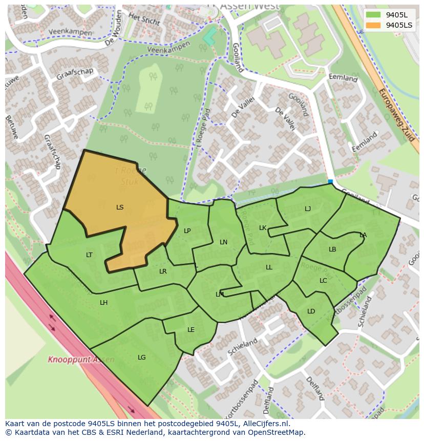 Afbeelding van het postcodegebied 9405 LS op de kaart.