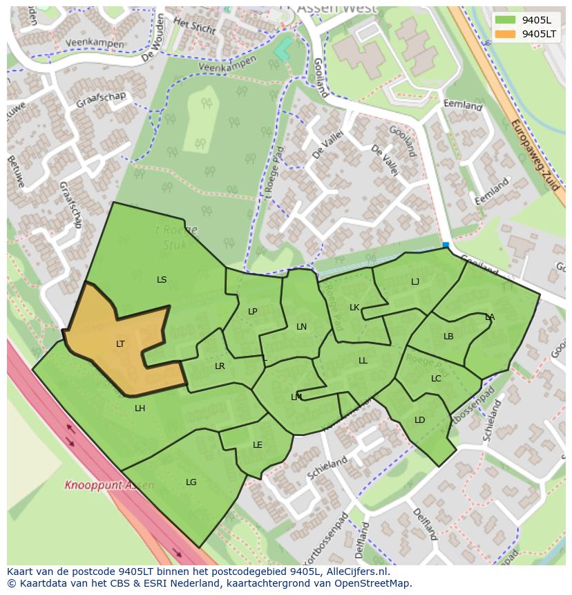 Afbeelding van het postcodegebied 9405 LT op de kaart.