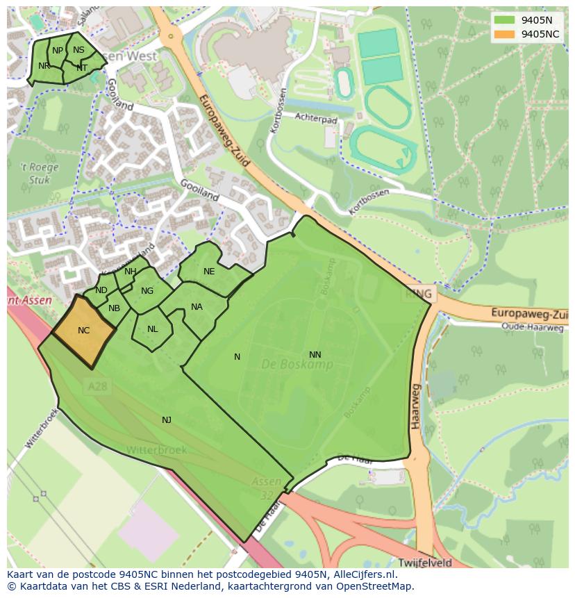 Afbeelding van het postcodegebied 9405 NC op de kaart.