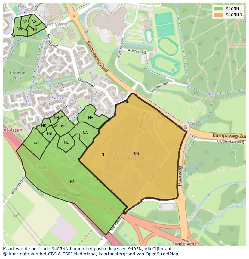 Afbeelding van het postcodegebied 9405 NN op de kaart.