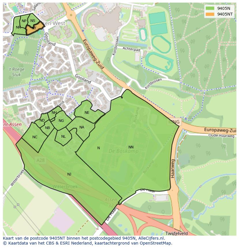Afbeelding van het postcodegebied 9405 NT op de kaart.