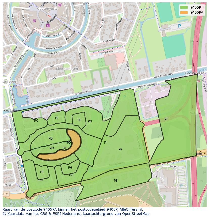 Afbeelding van het postcodegebied 9405 PA op de kaart.