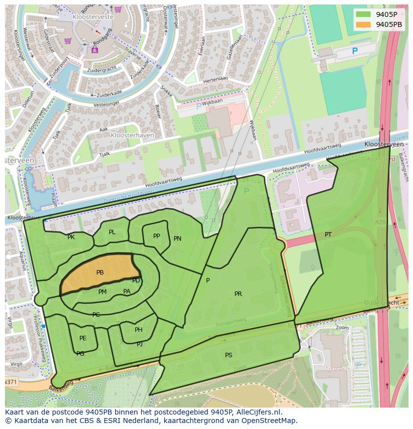 Afbeelding van het postcodegebied 9405 PB op de kaart.