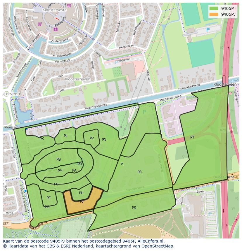 Afbeelding van het postcodegebied 9405 PJ op de kaart.