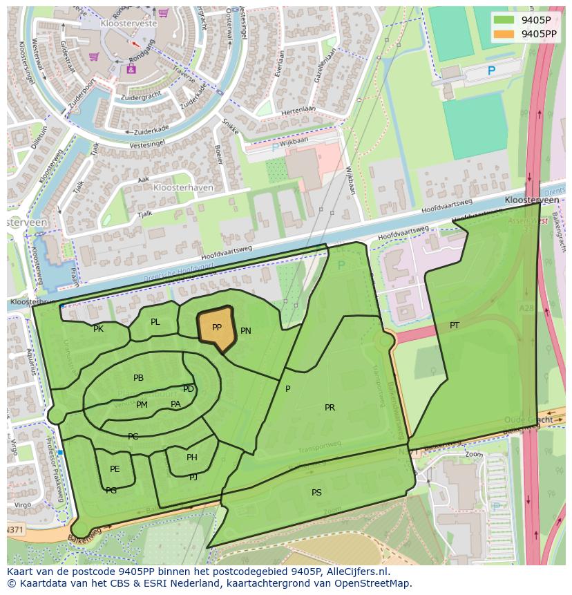 Afbeelding van het postcodegebied 9405 PP op de kaart.