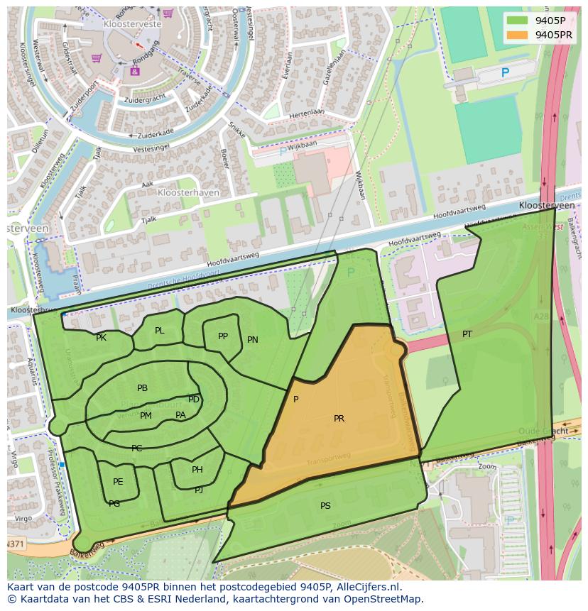 Afbeelding van het postcodegebied 9405 PR op de kaart.