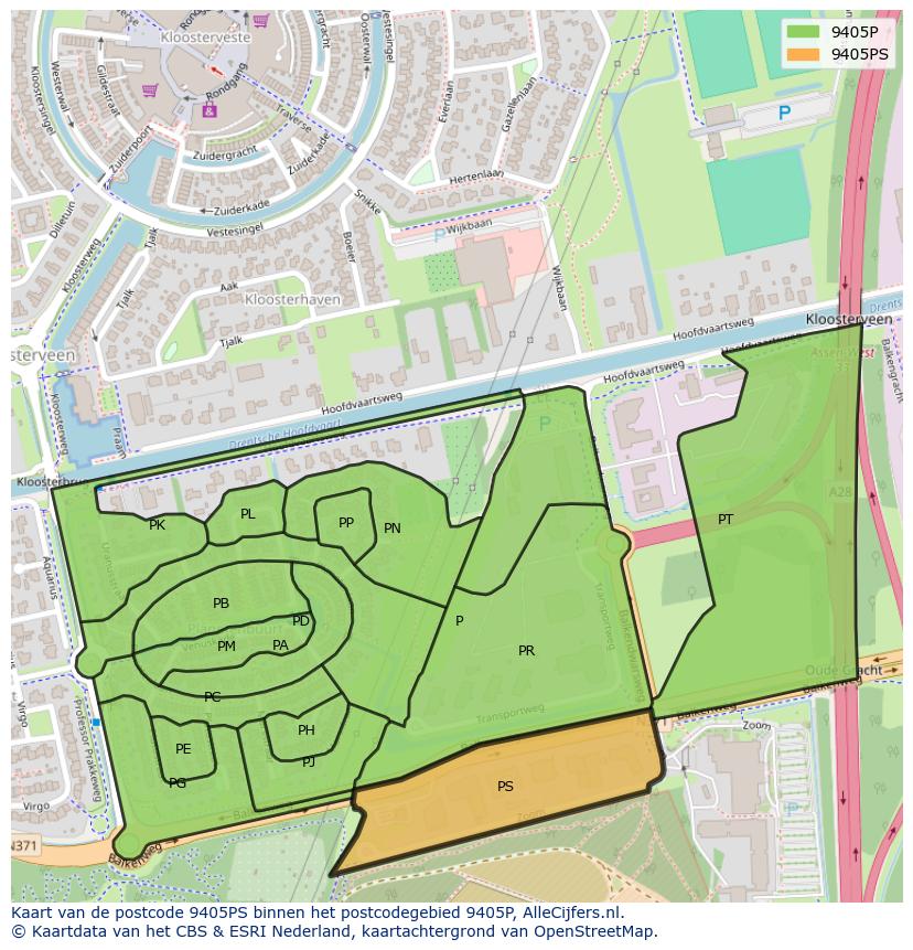 Afbeelding van het postcodegebied 9405 PS op de kaart.