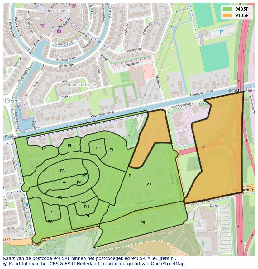 Afbeelding van het postcodegebied 9405 PT op de kaart.